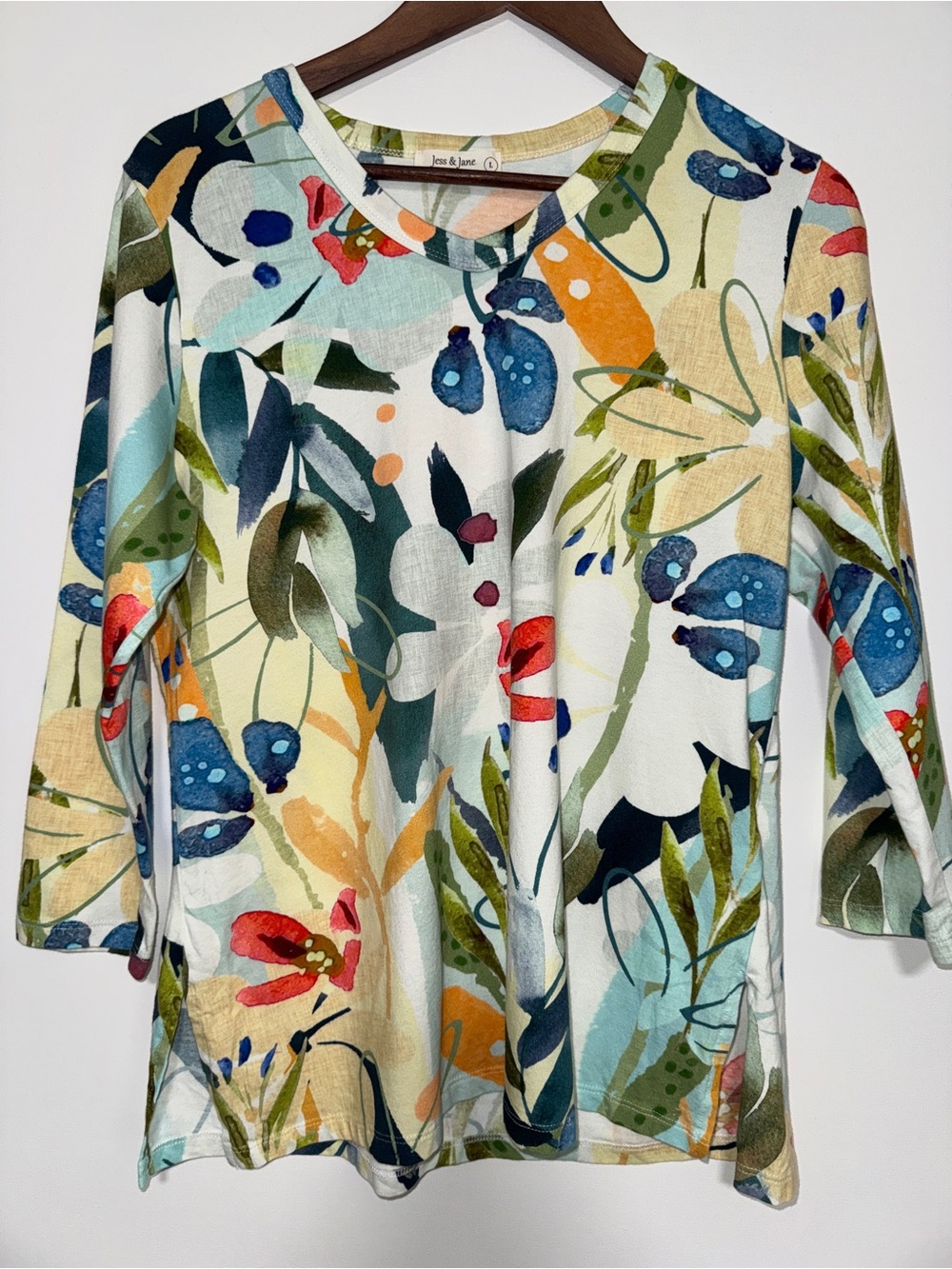 Jess & Jane Art to Wear Abstract Floral Tunic Women’s Large 3/4 Sleeve Lemonade